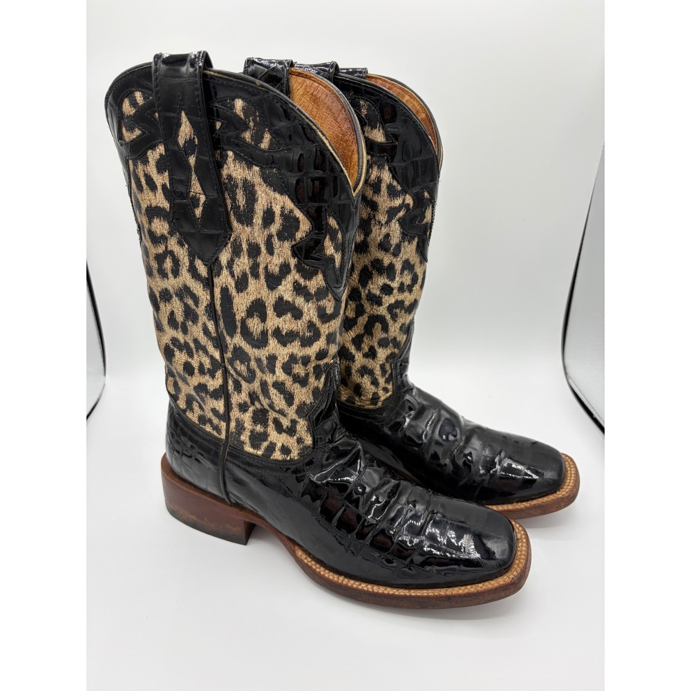 Johnny Ringo Black Caiman Leopard Print Western Boots 7B E1506